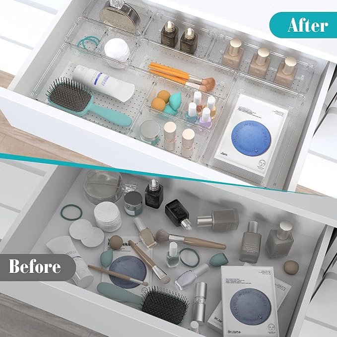 StorMiracle 7 PCS Clear Plastic Drawer Organizers Set, 4 Size Desk Drawer Organizer Trays for Makeup, Jewelry, Kitchen Utensils, Gadgets and Office Accessories