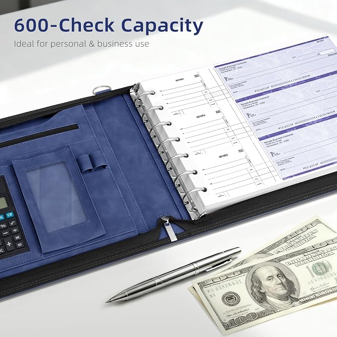 Ospelelf Blue Zippered 7 Ring Check Binder for Business Checks (9" x 13"), 1 Inch Faux Leather Checkbook Portfolio with Zipper Pouch, Professional Binder Organizer for Accountants, Home Use