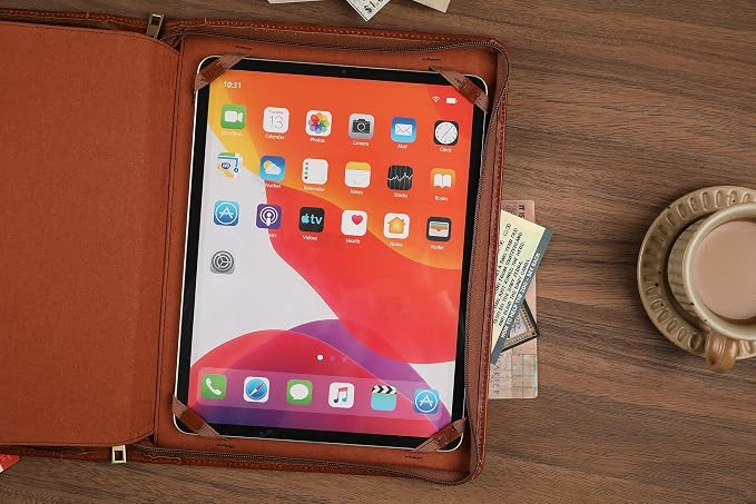 Leather Portfolio for 13-in iPad Pro M4/M5 & 13-in iPad Air M2/M3, Leather Padtfolio with ipad Holder for Letter Size Notepad, Personalized Padfolio for Men - Oil Brown