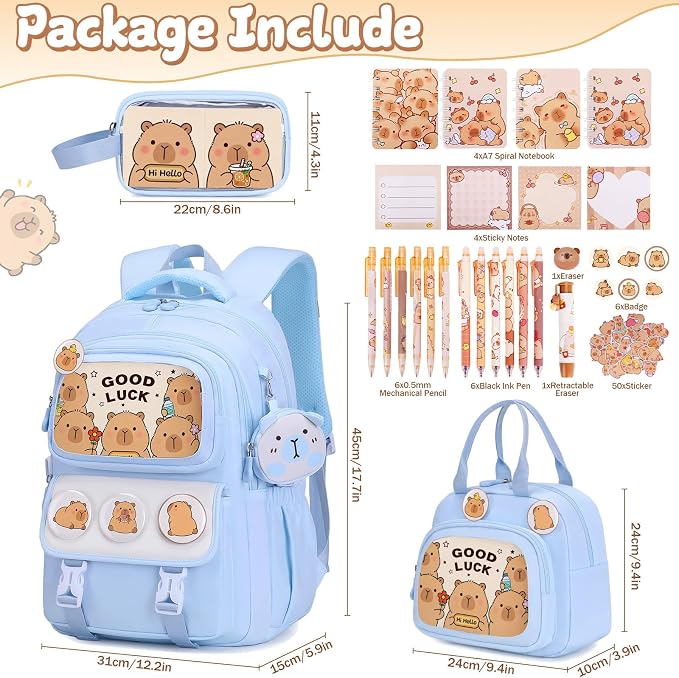 Capybara Backpack for School Girls, 30PCS Capybara Gifts School Supplies Stationery Set with Lunch Box Pencil Case Pens Pencils Notebook Cartoon for Kindergarten Elementary Student(Blue)