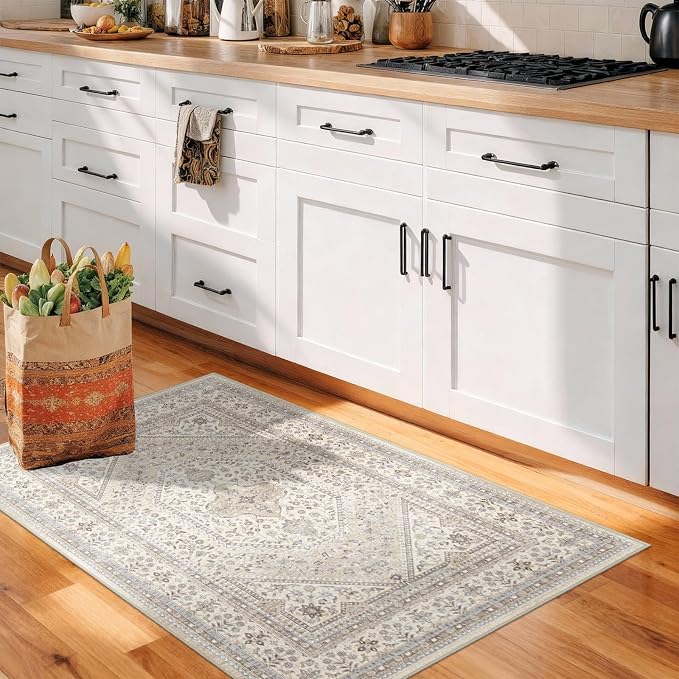 Washable 2x4 Runner Rug for Entryway: Non Slip Kitchen Rugs with Rubber Backing Soft Pet-Friendly Mats Stain Resistant Low Pile Carpet for Hallway Bedroom Bathroom Laundry Home Decor Beige/Gray