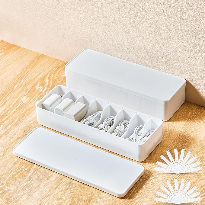 Tatuo 2 Pcs Cord Organizer for Drawer Desktop, Cable Organizer Box with 8 Compartments and Wire Ties, Plastic Charger Storage with Lid, Electronics Case for Home Office Accessories (Small,White)