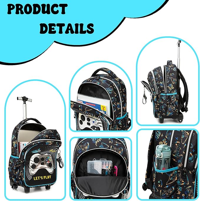 Boys Rolling Backpack for School Backpack with Wheels for Kids Roller Backpacks for Kids Backpacks with Lunch Box Pencil Case for Elementary Back to School Supplies