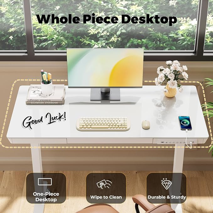Glass Electric Standing Desk with Drawer, 40" x 20" Whole Piece Samll Sit Stand Table, Height Adjustable Desk with Storage & USB Ports, Quick Install Home Office Computer Desk, White