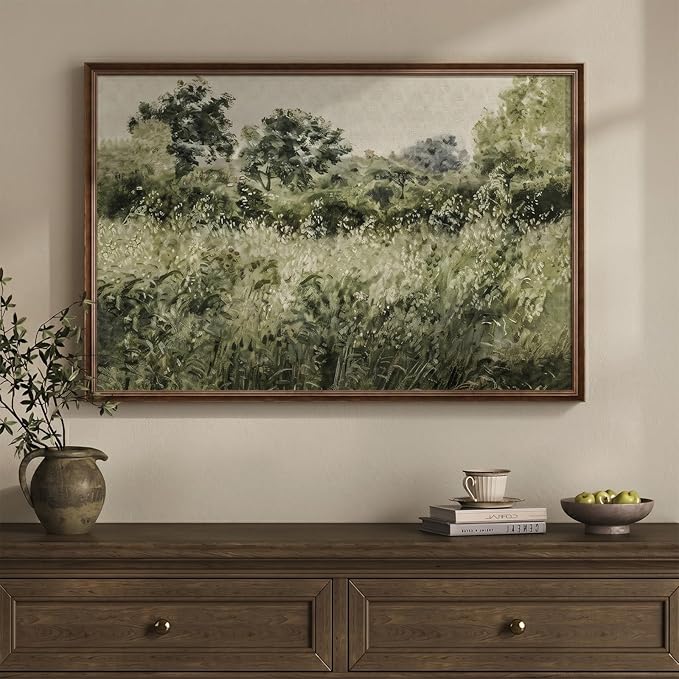 Large Framed Vintage Wall Art, Modern Farmhouse Green Botanical Landscape Canvas Painting Prints, Rustic Cottage Core Nature Flower Meadow Picture for Living Room Bedroom Kitchen Wall Decor, 24x36 In