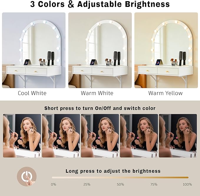Floating Makeup Vanity Desk with Arched LED Mirror, 3-Color Lights, 2 Drawers, Charging Station, Wall Mounted, White