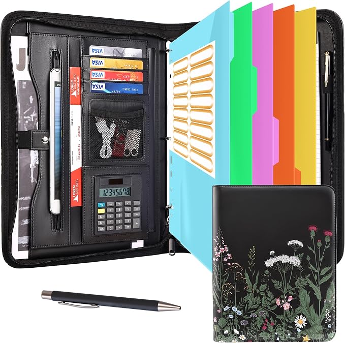 Eshow padfolio Portfolio Binder - 3 Ring Binder with Zipper, Vegan Leather | Includes 5 Colorful Sheet Protectors for Documents & Diles, 1 Pen, and 1 A4 Notepad, Designed for Women and Men