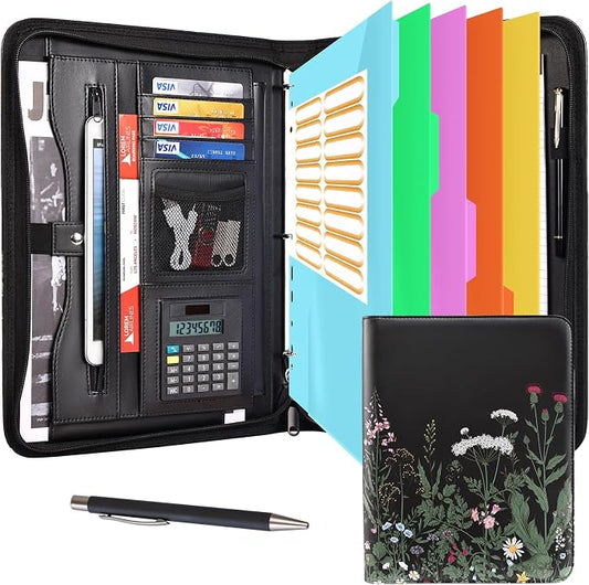 Eshow padfolio Portfolio Binder - 3 Ring Binder with Zipper, Vegan Leather | Includes 5 Colorful Sheet Protectors for Documents & Diles, 1 Pen, and 1 A4 Notepad, Designed for Women and Men