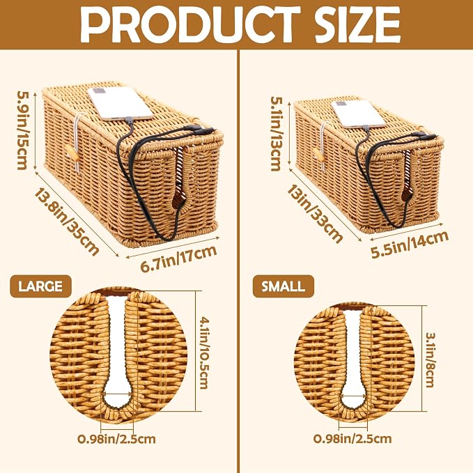 2PCS Cable Management Box, Handmade Rattan Cable Organizer Cord Basket | Open Slots Cords Hider Box Under Desk Cord Organizer for Computer Router USB Hub & Power Strip