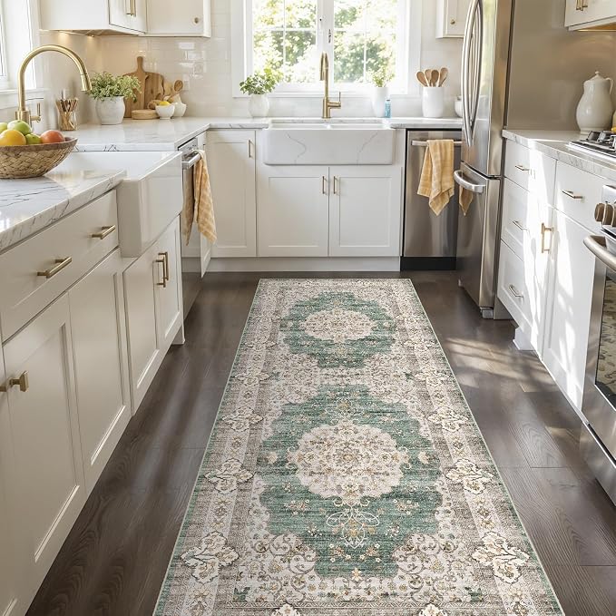 2x5 Washable Hallway Runner Rug:Oriental Indoor Kitchen Rugs Vintage Door Mat Non Slip with Rubber Backing Low Pile Thin Carpet for Bedroom Bathroom Living Room Bedside (2x5 Green/Beige)