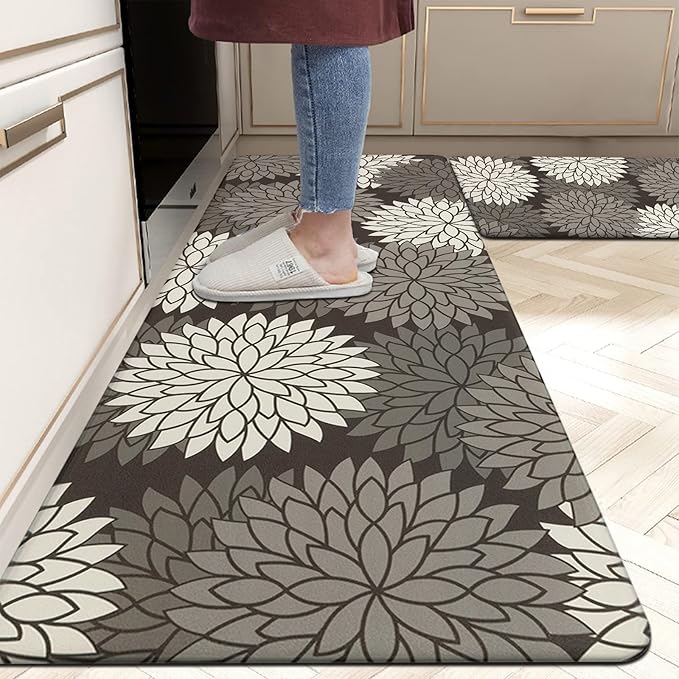 HEBE Anti Fatigue Kitchen Rugs Set of 2, Cushioned Kitchen Mats for Floor | Non Slip Washable Kitchen Runner Rug Set, Floral Stain Resistant Waterproof Comfort Mat Carpet for Sink, Standing Desk