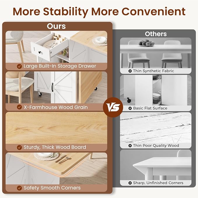 Jocoevol Folding Dining Table for Small Spaces, Foldable Kitchen Table with Drawer, 2-Tier Storage Shelf & Wheels, Space Saving Dining Table for 2 4, Farmhouse, Natural
