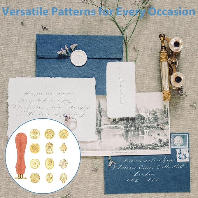 13 Pcs Wax Seal Stamp Kit 12 Pcs Sealing Wax Stamp Heads with Wooden Handle for Letter Wedding Party Invitations Gift Wrapping Encapsulation Greeting Cards Flower Floral