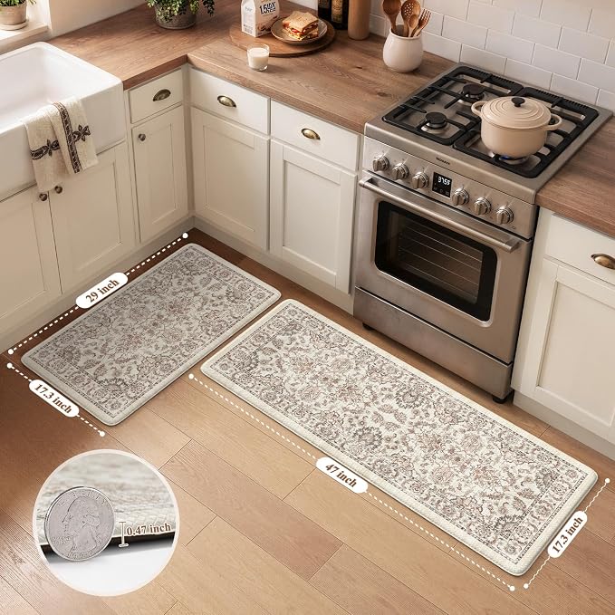 KIMODE Anti Fatigue Mats for Kitchen Floor Kitchen Rugs Sets of Cushioned | 17"x29.5"+17" x47, Khaki,Non Slip Padded Kitchen Floor Mats,Memory Foam Standing Kitchen Mat for Sink Laundry Office Desk