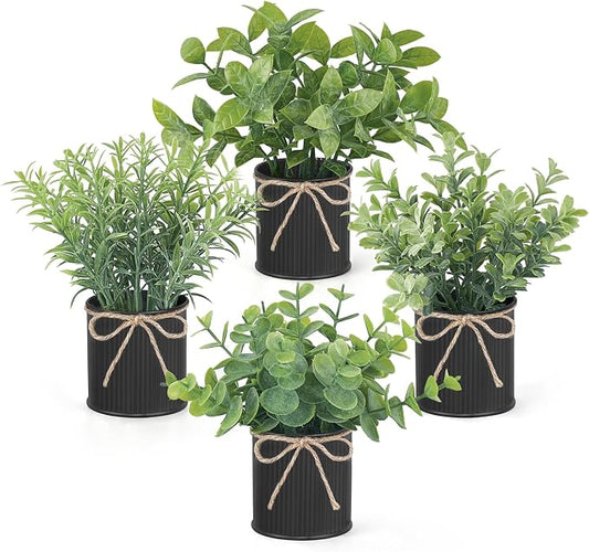Mkono 4 Packs Small Fake Plants in Farmhouse Galvanized Pots Table Centerpiece Mini Potted Artificial Plants Faux Eucalyptus for Shelf Office Rustic Home Decor (Black, Mini-6" H)
