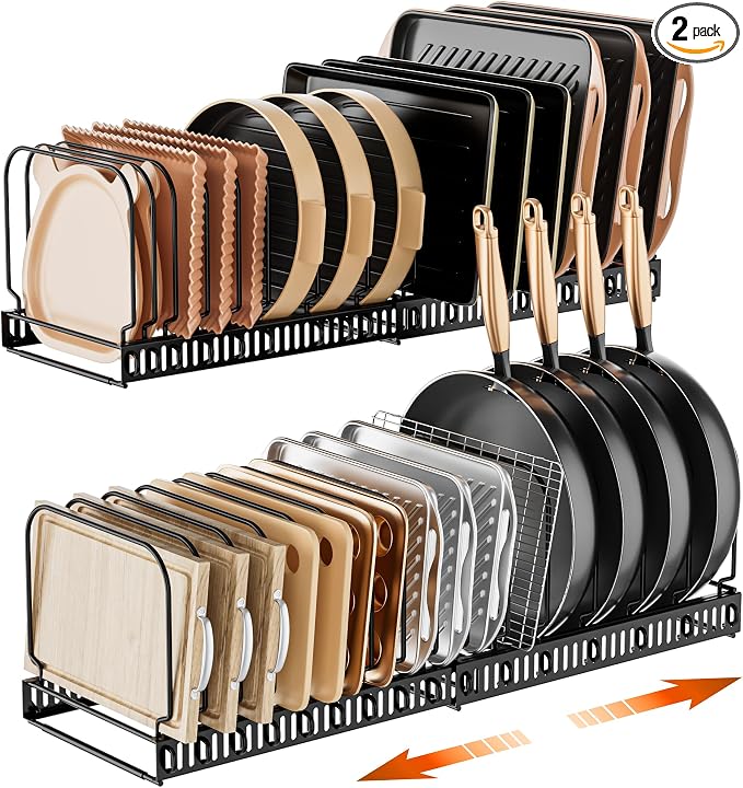 MUDEELA Expandable Cutting Board Organizer Pot Lids Rack 15 Dividers 2-Pack | Expandable Pots and Pans Organizer under Cabinet, 15 Adjustable Dividers, Fits Bakeware Cookie Sheet Baking Tray Muffin Tin
