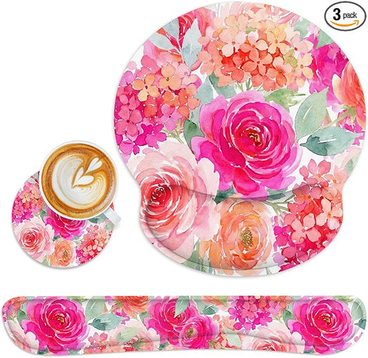 Flower Floral Pink Peony Spring Ergonomic Mouse Pad Set with Wrist Rest Non-Slip Rubber Base Wrist Cushion Support and Coasters Mousepad with Wrist Support for Computer Keyboard and Desk