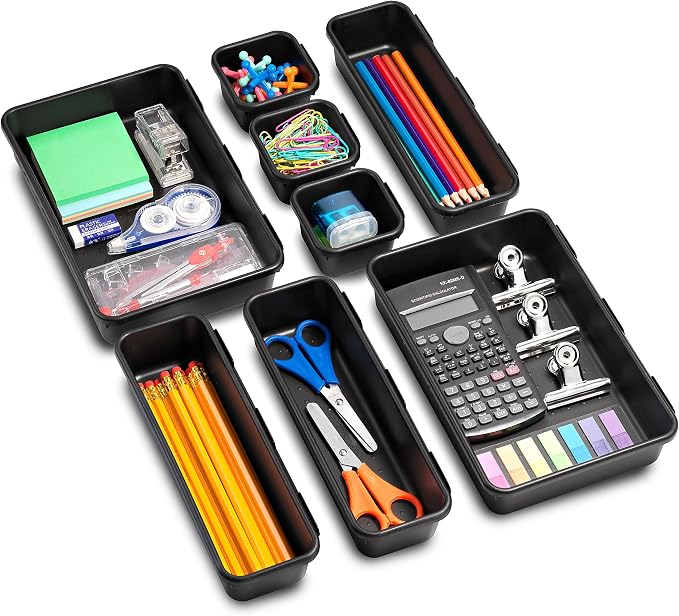 Masirs Interlocking Drawer Organizer Bins 8 Piece, Desk Junk Drawer Tray | Tool Box Organizer Tray, Kitchen Office Garage, Modular Plastic, 3 Sizes (2 Lg 3 Med 3 Sm), Black, Custom Layout