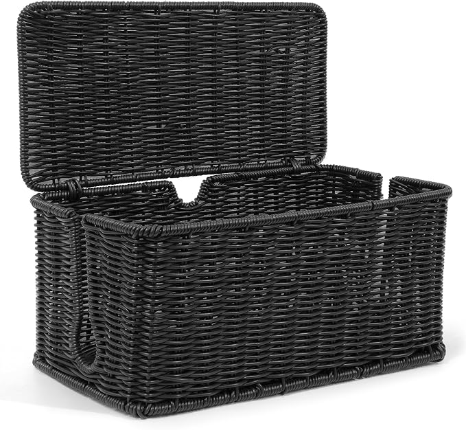 ZhiYo Rattan Cable Management Box, Black Cord Organizer, 12.5" x 5" x 5.2" | Handwoven black imitation rattan cord hider box conceals power strips and cables for a clean desk or floor setup