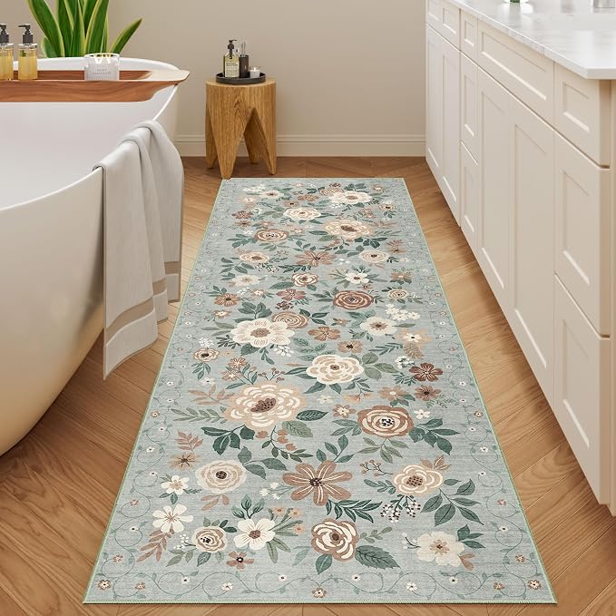 DUKINO Runner Rug, 2.6x8 Kitchen Rugs for Hallway with Non Slip Backing, Washable Low Pile Soft Boho Floral Runner Carpet for Hallway, Kitchen, Entryway, Laundry, Bedroom, Sage Green