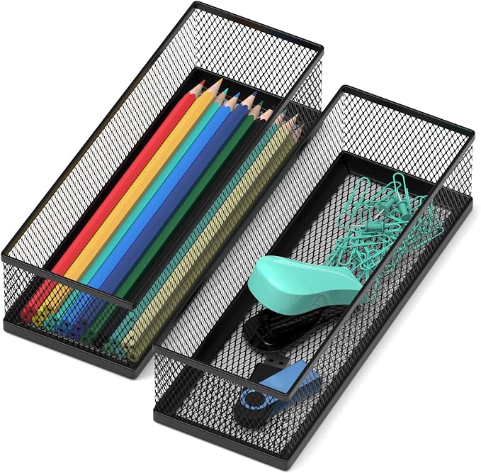 2 Pack Drawer Organizer for Desk, Small Office Supplies Pen Pencil holder, Metal Mesh Desktop Storage Trays for Office, Kitchen, Makeup, Vanity