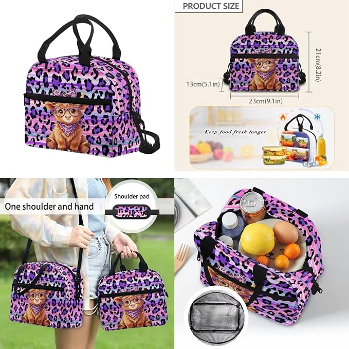 ZFRXIGN Highland Cow Girls Backpack for Elementary School Bookbag with Cute Pendant 4pc Backpack Set for Girls Cheetah Print Insulated Lunch Box Pencil Case Purple