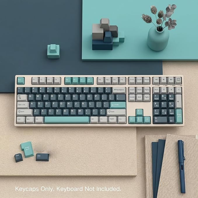 126 Keys PBT Double Shot Keycaps, Grey Blue Minimalist Keycap Set, Slate Cyan Cherry Profile Keycaps for Mechanical Keyboard 60% 65% 75% 100% Cherry MX Switches
