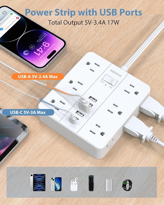 Power Strip 23ft Extension Cord,SMNICE Flat Plug with 12 Outlets 6 USB(2 USB C),Power Strip Charging Station with Overload Protection for Home, Dorm,Office