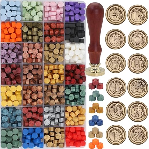 732 Pcs Sealing Wax Stamp Kit with Electric Wax Seal Warmer, Initial Alphabet A Seal Stamp, 28 Color Assorted Waxseal Beads, Spoon, Letter Sealingwax Kit (A)