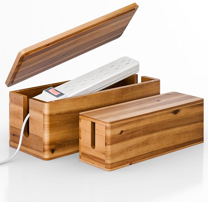 TIDITA Set 2 Sizes Wooden Cable Management Box Round Edge, Magnetic Lid | Large & Small Size, Cable Slots, Magnetic Lid, Non-Skid Pads, Solid Acacia Wood, Wooden Power Strip Box, Surge Protector Box