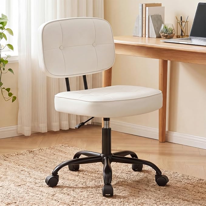 DUMOS Armless Office Desk Chair, Small Vanity Chair with Wheels | PU Leather, Computer Rolling Task, Height Adjustable, Bedroom Living Room, Ivory White