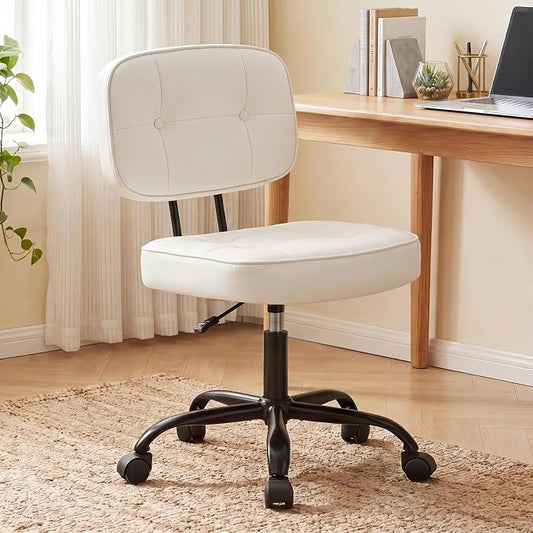 DUMOS Armless Office Desk Chair, Small Vanity Chair with Wheels | PU Leather, Computer Rolling Task, Height Adjustable, Bedroom Living Room, Ivory White