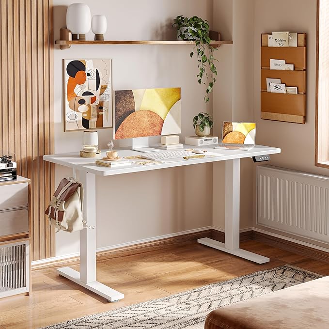 TIQLAB Electric Standing Desk, Adjustable Height Stand up Desk, 55 * 24 Inches Sit Stand Home Office Table with Splice Board, White