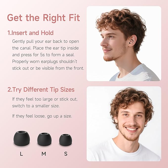 Ear Plugs for Sleeping, 50dB Noise Cancelling Earbuds for Noise Snoring & Reduction, Earplugs for Sleep, Reusable Silicone Earplugs for Travel, Sider Sleepers Airplane (Black-Pink)