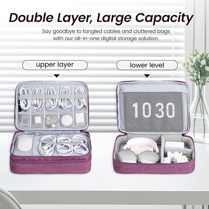 Large Electronic Organizer Travel Case, Double Layer Tech Accessories Bag with 3 DIY Adjustable Dividers, Waterproof Padded Cable Storage Pouch for Camera Gear, Power Bank, Hard Drive, Mouse