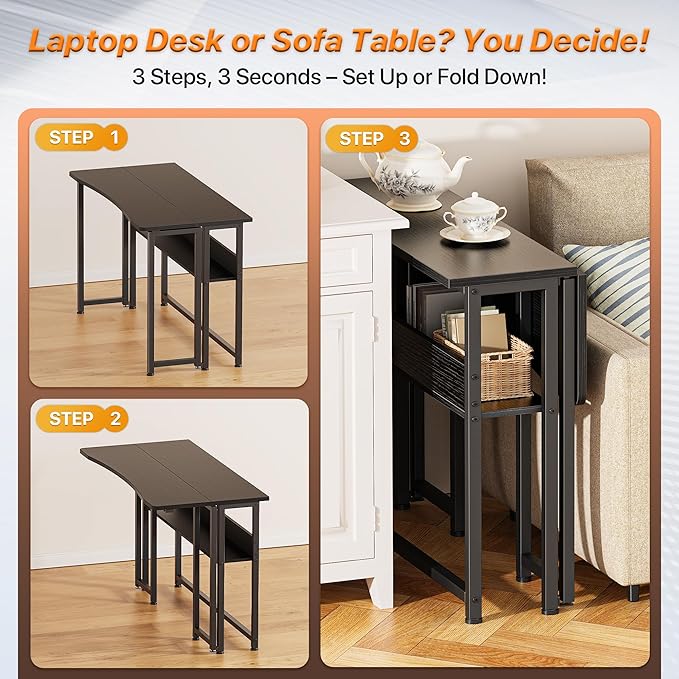 Huuger Folding Desk with Storage Shelf, 39.3 Inch Foldable Computer Table for Small Spaces, Space Saving Sofa Table for Couch, Writing Work Office Computer Desk, Easy to Fold, Black