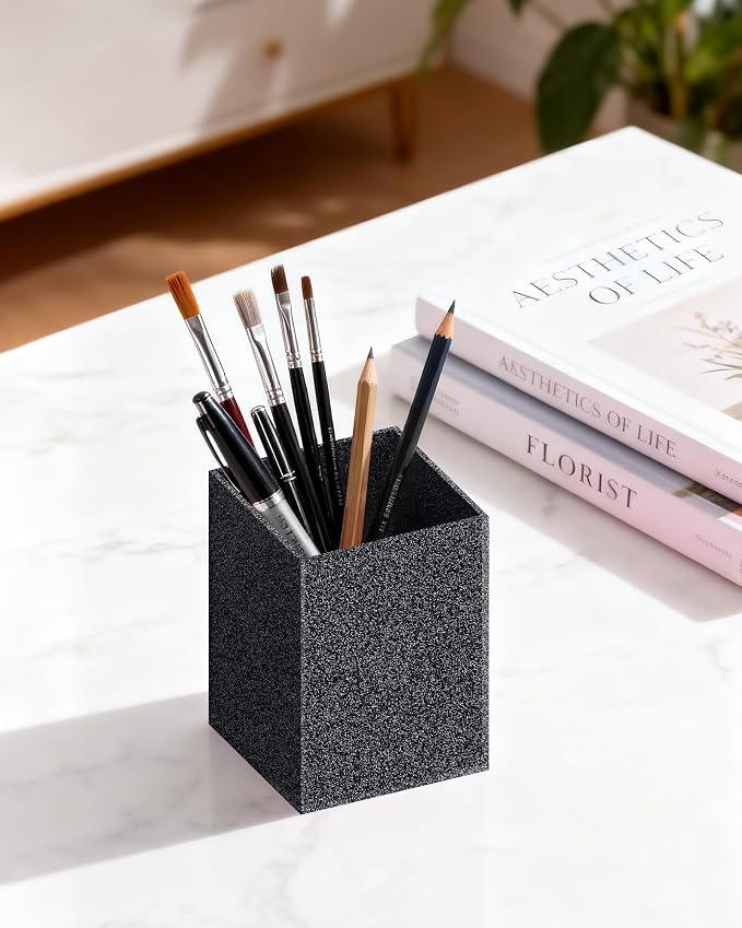 Acrylic Pen Holder Desk Organizer for Office, Black Glitter | Sparkling glitter acrylic makeup brush and pencil holder for desk, Modern desktop organizer for home, school and office