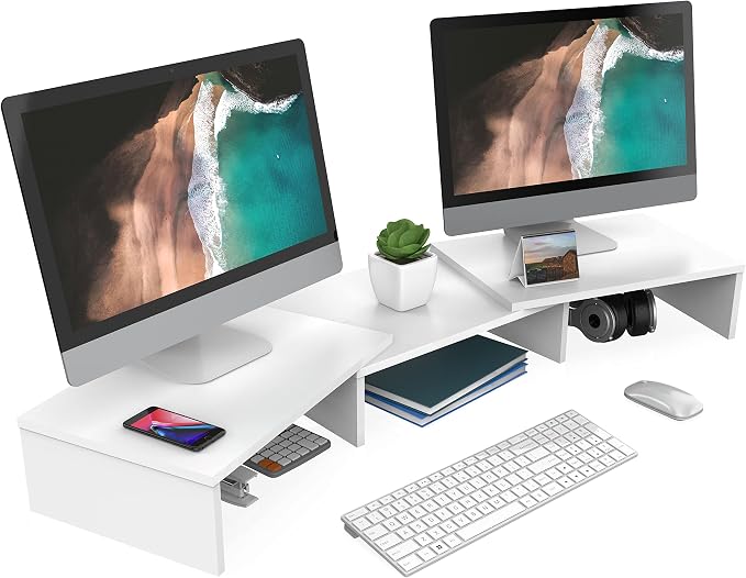 FITUEYES Dual Monitor Stand Riser, Adjustable Length and Angle, White | Wooden 3-Shelf Design, Supports up to 55lbs, Flexible for Standard Corner Space, Holds Monitor, Laptop, Phone, Printer