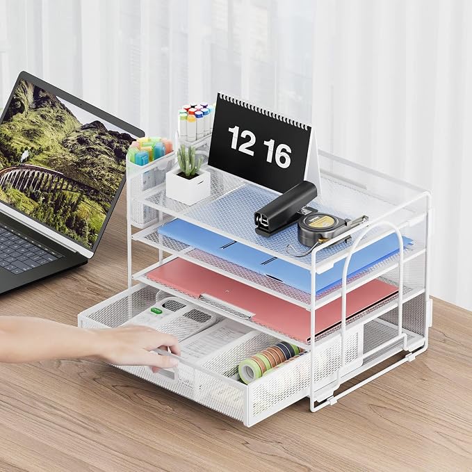 Marbrasse Desk Organizer, 4-Tier Paper File Letter Tray, White | Sturdy Paper Tray, File Holder, Built-in Drawer, 2 Pen Slots, fits Letters/Files, for School Home Office Supplies
