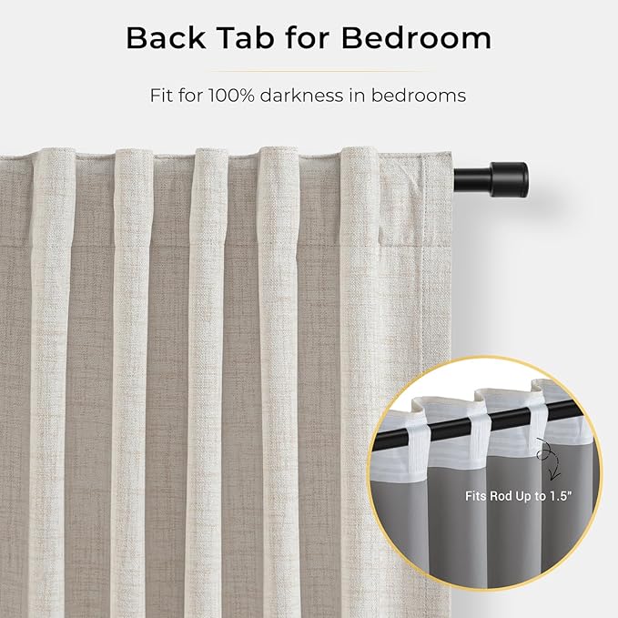 INOVADAY 100% Blackout Curtains for Bedroom, Black Out Curtains 90 Inch Long, Clip Rings Linen Blackout Drapes, Thermal Insulated Room Darkening for Living Room, 2 Panels - Beige,W50xL90