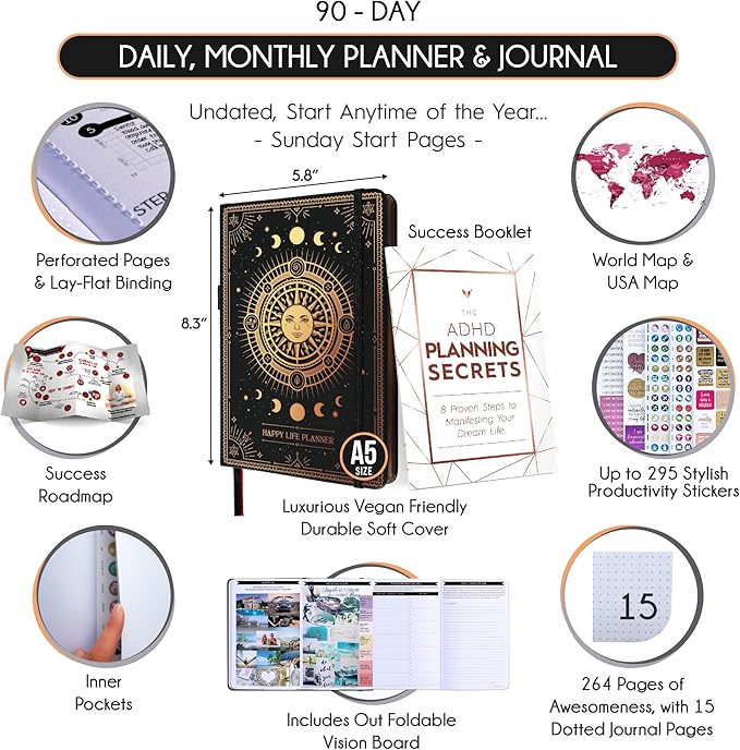 90-Day Goal Planner with Daily Journal, Gratitude & Habit Tracker | ADHD Planner, Undated, Gratitude Journal for Women and Men, Manifestation Planner & Productivity