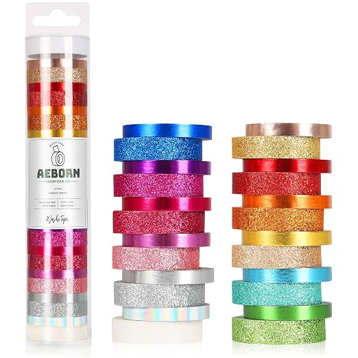 Metallic Glitter Washi Tape - 24 Rolls Thin Colored Masking Tape Set, 6mm/10mm Decorative Tapes for Bullet Journal, Scrapbook, Christmas DIY Crafts, Gift Packaging