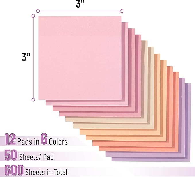 Mr. Pen- Sticky Notes, 3”x3”, 12 Pads, 600 Sheets, Colorful Sticky Notes 3x3, Sunset Sorbet, Stocky Notes for Bible Journaling