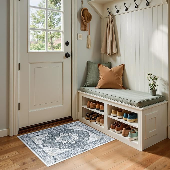 RELEANY Area Rugs Small 2'x3' Washable Non-Slip, Floral Vintage Distress Medallion Carpet for Kitchen Entryway Bathroom, Light Gray Grey White