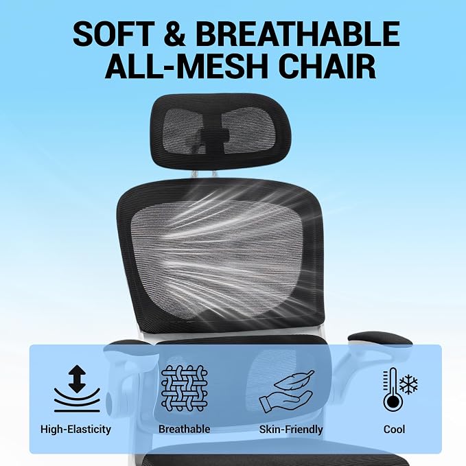 Ergonomic Office Chair with Flip-up Arms, White | Home Desk Chair w/ Coat Hook, Adjustable Headrest and Lumber Support, Mesh Computer Gaming Chair, 330 LBS