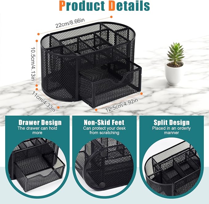 SAYEEC Mesh Desk Organizer Black Pen Holder for Desk Wire Desktop Organizer with 8 Compartments & Drawer Multi-Functional Metal Pencil Cup Caddy Holder Office Supply Storage Organizers for School Home