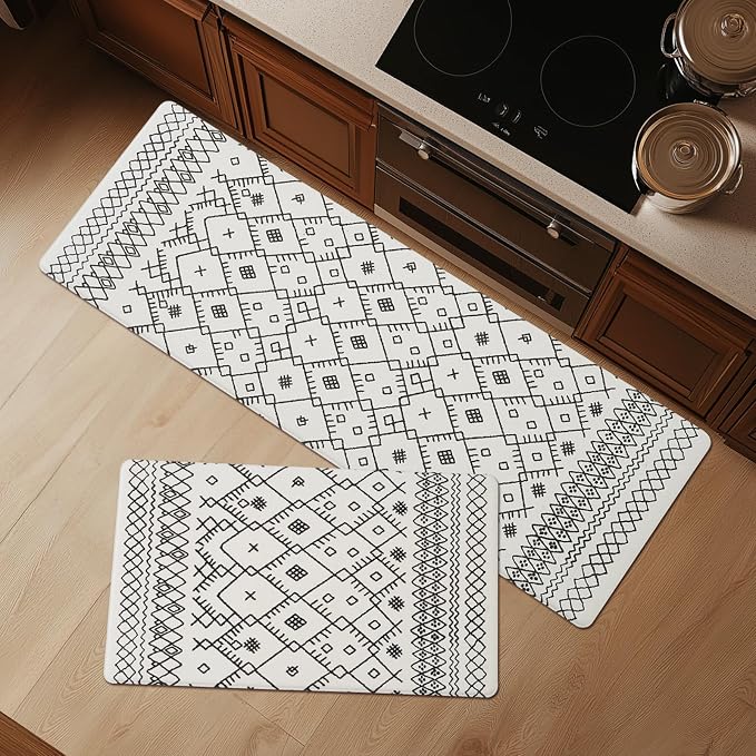 FRESHMINT Moroccan Kitchen Mat Set 2 Piece, 17x30''+17x47'', Bright White | Anti-Fatigue, Non Slip, Comfort, Kitchen Decor, Easy to Clean, Waterproof, Perfect for Kitchen, Laundry, Office