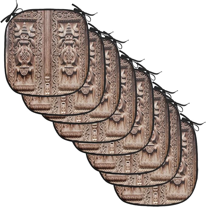 Lunarable Rustic Chair Cushion Pads Set of 8, Wooden Carved Door Image Detailed Kathmandu Cultural Facade Print, Anti-Slip Seat Padding for Kitchen & Patio, 16"x16", Brown