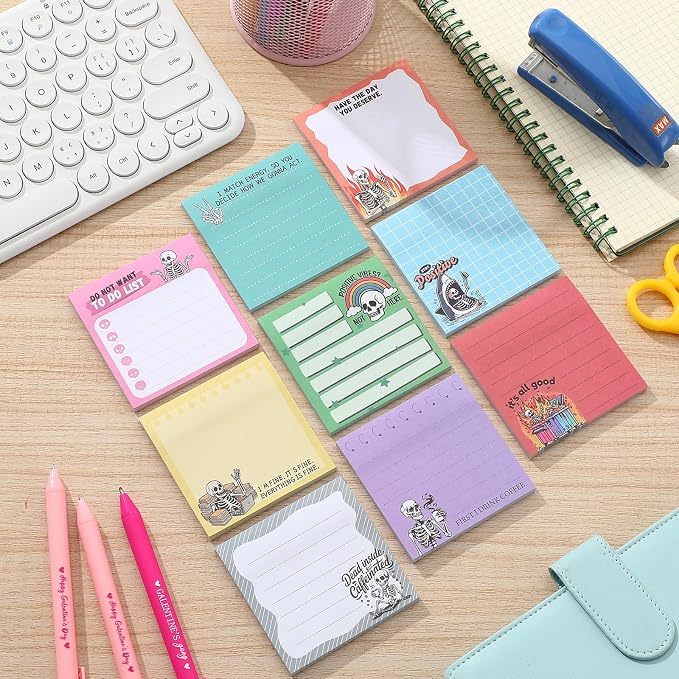 9 Pads Gothic Skeleton Sticky Notes 3x3 Inch Cute Self Stick Notepads Notes Adhesive Memo Pad Office Decor Gifts for Students School Teacher Meeting Office Supplies