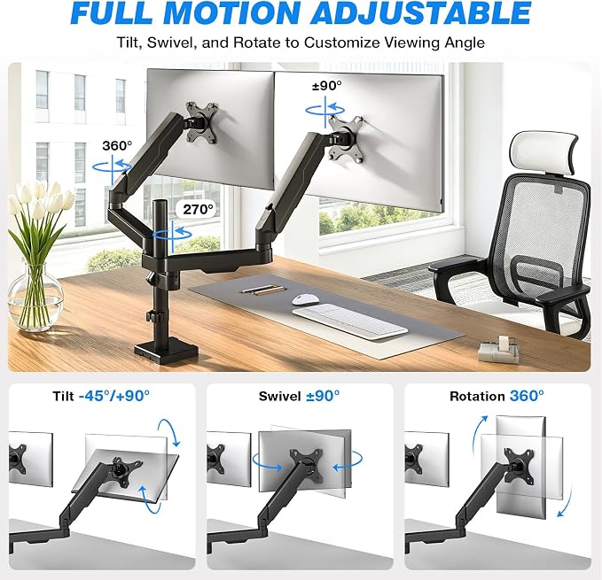 Rfiver Dual Monitor Stand Desk Mount for 17-34" Screens Holds up to 22lbs | Full Motion Height Adjustable, Tilt/Swivel, 360 Rotation VESA 75/100mm, Compatible C-clamp/Grommet Base Install